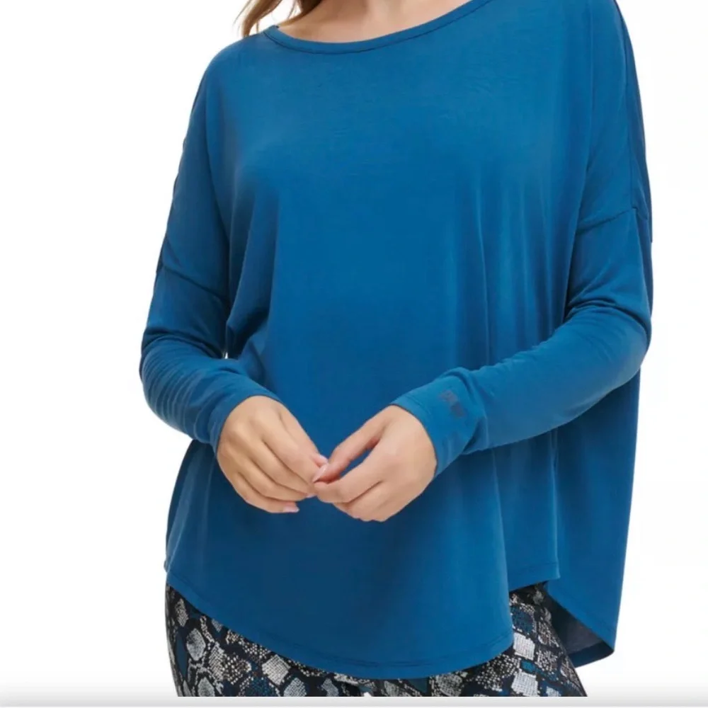 DKNY Teal Long-Sleeve Relaxed Pullover Round Neckline Deep V Cutout in Back - Picture 1 of 17